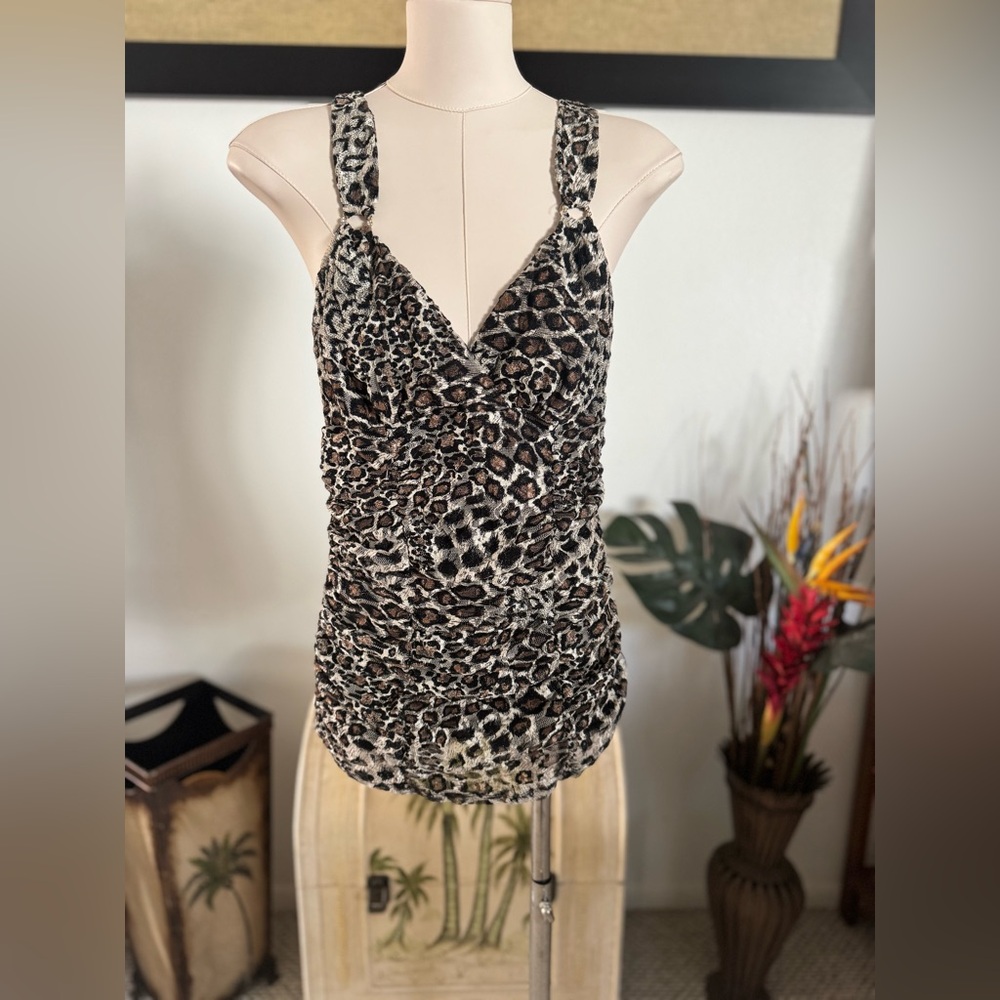 Express Animal Cheetah Print Tank Top with Lining Small Y2k Ruched Lace Mesh